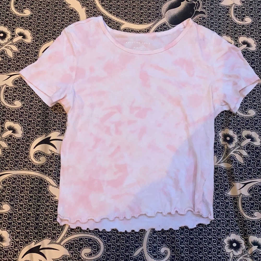 Pink and white tie-dye ruffled crop top